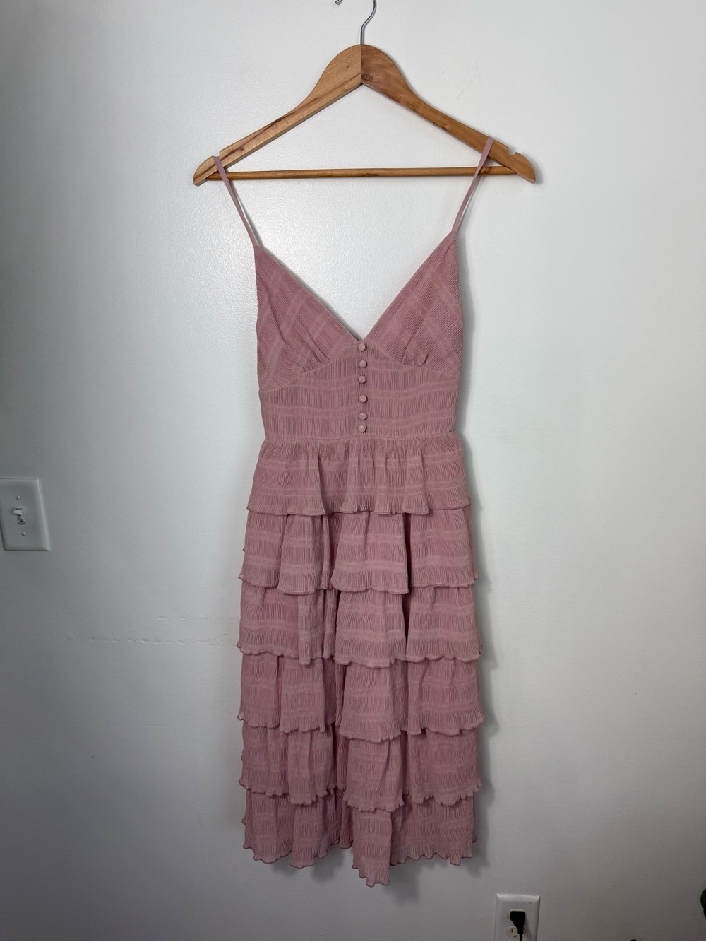 Storia Mauve Pink Tiered Ruffle Midi Dress with Button Front